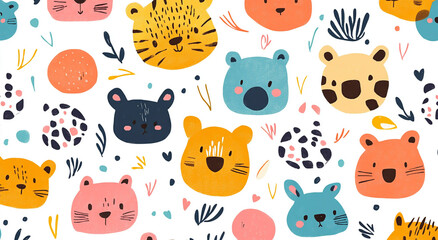 A colorful cartoon pattern of various animals and plants in a fun, whimsical style, creating a lively and engaging visual.