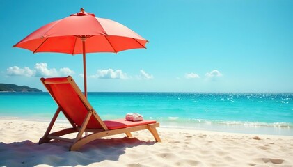 Relaxing umbrella beach chair on sandy beach, sunny day , ocean, sun, coast