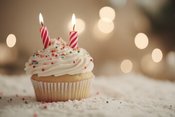 Festive birthday cupcake with two candles