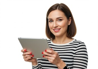 Naklejka premium Smiling woman in striped shirt holding a silver tablet on white background
