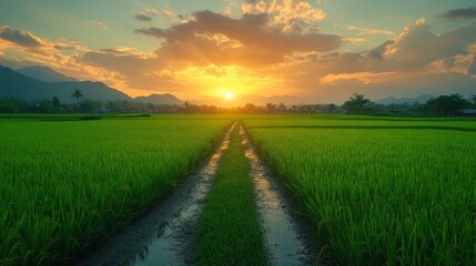 Obraz premium Rice Paddy Field and Dirt Path at Sunrise