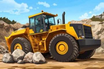 Obraz premium A vibrant yellow bulldozer maneuvering through a rocky construction site under a clear blue sky