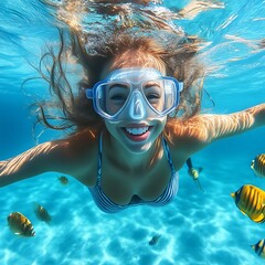 Fototapeta premium Underwater woman snorkeling, happy smile, tropical fish