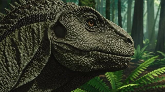 Realistic 3D Dinosaur Head Animation in Lush Prehistoric Jungle &ndash; Cinematic Side View Loop
