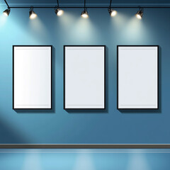 Three empty vertical frames on a blue wall, illuminated by three black spotlights, perfect for art or poster displays in a modern setting.