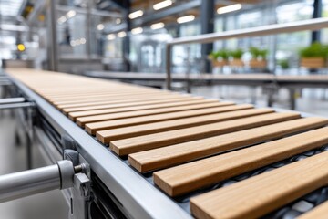Close-up of a wooden slat conveyor belt, in a modern industrial setting, for food processing.