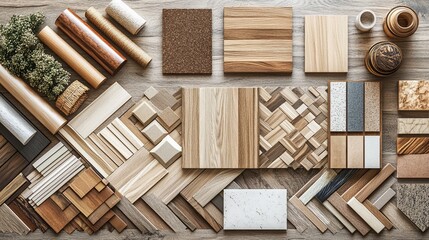 Elegant Interior Design Material Presentation Featuring Wooden and Stone Samples
