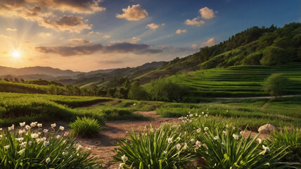 Beautiful summer landscape with a river and a tree in the foreground