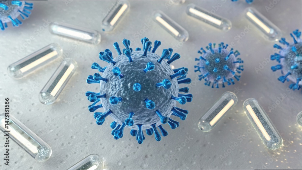 Poster realistic virus rendering under uv lamp with antibody interaction