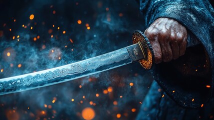 A close-up view of a samurai's hand holding a katana.