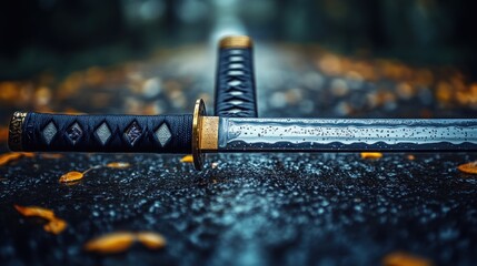 Two traditional blades resting on a damp forest floor.