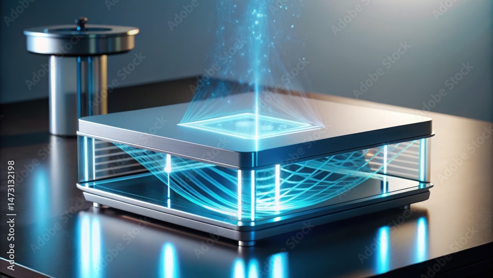 Poster Advanced Protein Projection Device on Table with Futuristic Design