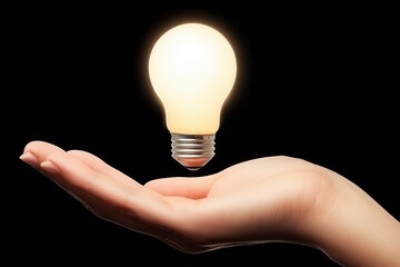 A hand holds a glowing light bulb, with a blurred background hinting at a dimly-lit environment.