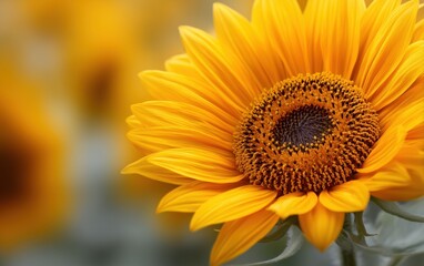 Obraz premium Close-up Sunflower in Full Bloom with Vibrant Yellow Petals and Textured Core, Soft Natural Light and Clean Blurred Backdrop, Fresh and Lively Appearance