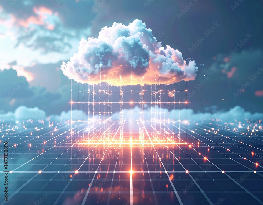 Poster digital cloud with glowing data points and grid lines
