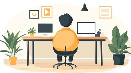Fototapeta premium Man Working Home Office Desk.