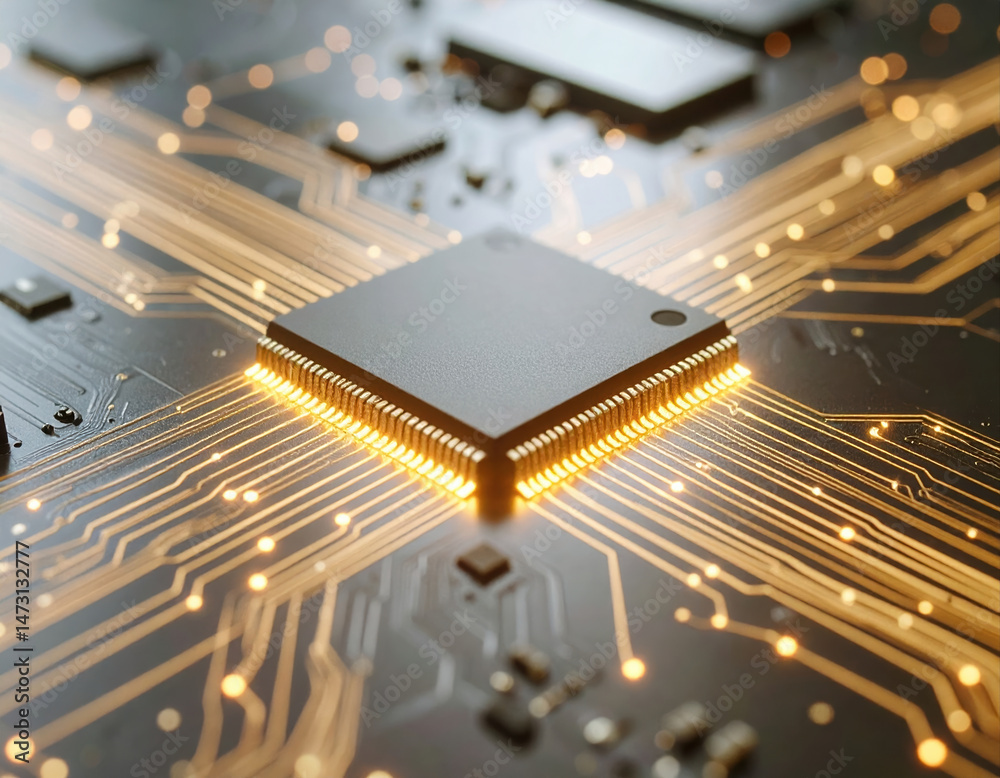 Poster futuristic microchip with embedded glowing ai patterns slowly