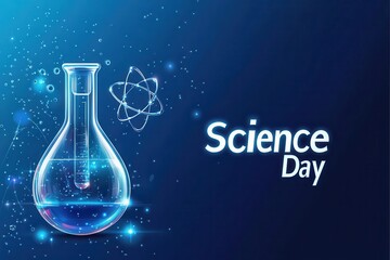 A science day celebration featuring laboratory equipment such as beakers, test tubes, and microscope on a table decorated with colorful balloons.