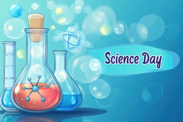 A science laboratory setup with beakers, test tubes, and various equipment on a table. Bright lighting and a microscope in the background.