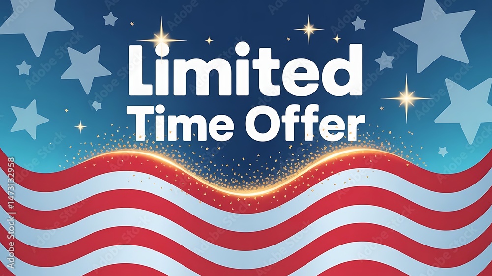 Fototapete flash sale poster with waving usa flag stripes at the bottom, limited time offer banner template for