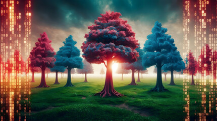 Fototapeta premium Colorful Trees in a Digital Forest, Binary Code Overlay