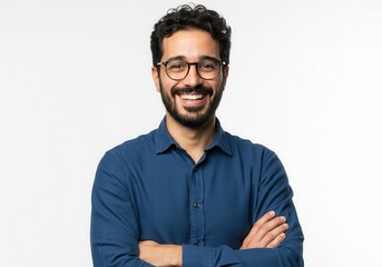 Obraz premium Smiling man with glasses and arms crossed wearing a blue shirt on a white background