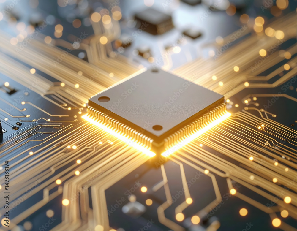 Poster close up of computer microchip with glowing circuit lines