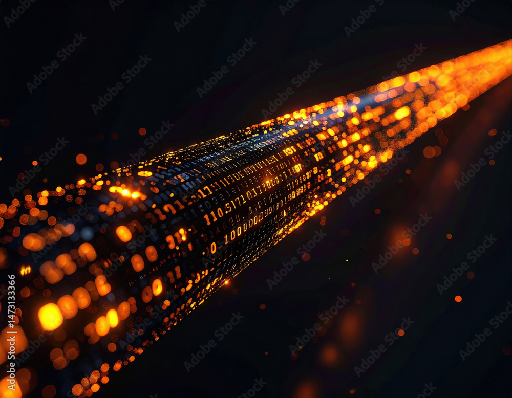 Poster glowing pipeline of data blocks flowing diagonally from bottom