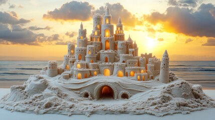 Majestic sandcastle structure at golden hour.