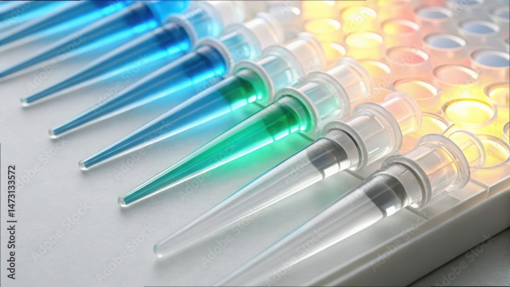 Poster Color Coded Pipette Tips with Glowing Fluids for Biotechnology Use