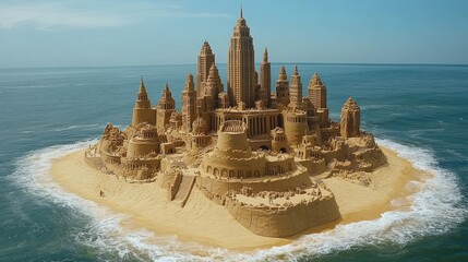 Massive sandcastle city structure on an island in the ocean.