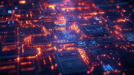 Fototapeta premium Advanced computer circuit board illuminated with glowing orange and blue electronic pathways showcasing modern technology and digital infrastructure