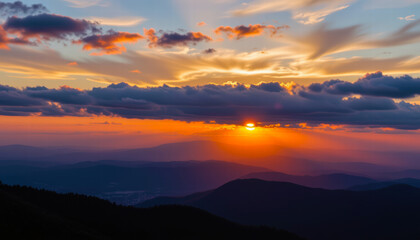 Obraz premium Breathtaking sunset illuminating layers of mountains and valleys, with vibrant colors reflecting off clouds, creating serene and peaceful atmosphere