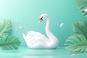 Obraz premium Elegant white swan gracefully gliding on a tranquil surface surrounded by lush green leaves