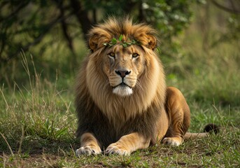 Obraz premium Lion resting in grass with leaf crown on head, looking at the camera