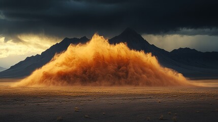 Dramatic desert landscape with a colossal sand cloud.