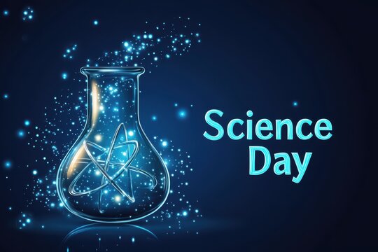 A table filled with laboratory equipment such as beakers, flasks, and test tubes during a Science Day celebration.