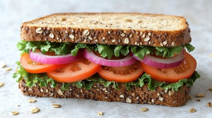 Whole wheat sandwich layered with vegetables.