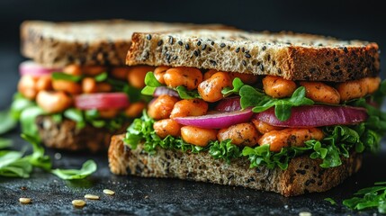 Two whole grain sandwiches filled with beans, lettuce, and red onion.