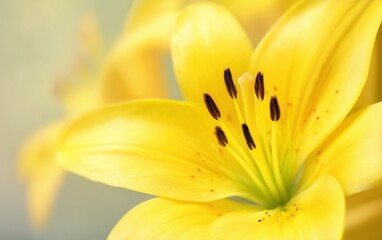 Obraz premium Close-up of vibrant yellow lily in soft sunlight with clear petal texture, minimalistic natural backdrop exuding fresh and cheerful floral essence.