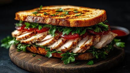 Grilled chicken sandwich with toasted bread and salad.