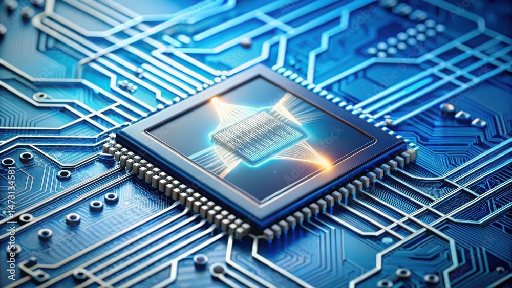 Poster detailed close-up of a high-tech circuit board with microchip