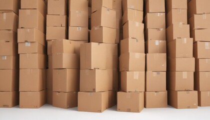 Neatly stacked brown cardboard boxes on white  , tidy, boxes, isolated
