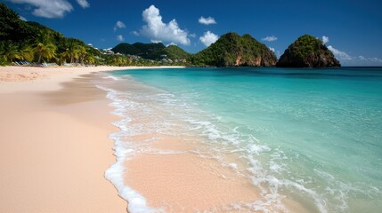 Pristine tropical beach scene with turquoise water and sandy shore.
