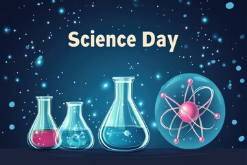 A laboratory setting during a Science Day celebration with scientific equipment, glassware, and a clock on the wall.
