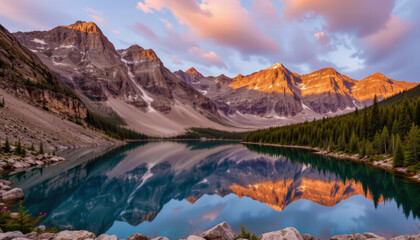 Breathtaking craggy peaks reflect in tranquil waters of serene lake, surrounded by lush evergreen trees and dramatic mountain scenery, creating picturesque landscape at sunset