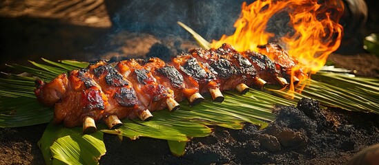 Grilled Ribs on Palm Leaves