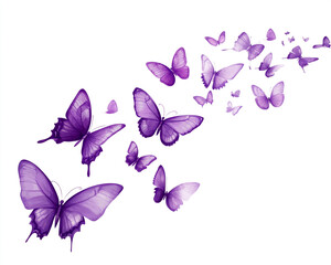 A vibrant illustration features a cascade of purple butterflies with intricate white markings, descending against a stark white background.