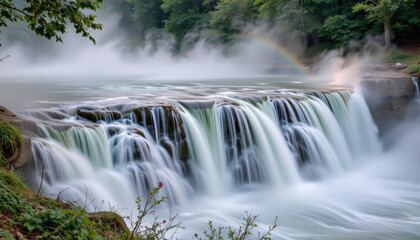 Fototapeta premium Misty waterfall surrounded by lush greenery creates serene atmosphere, with soft water cascading over rocks and hint of rainbow in mist