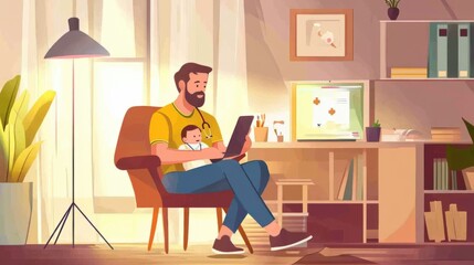 Fototapeta premium Remote work of a doctor with a child in his arms inside home office illustration